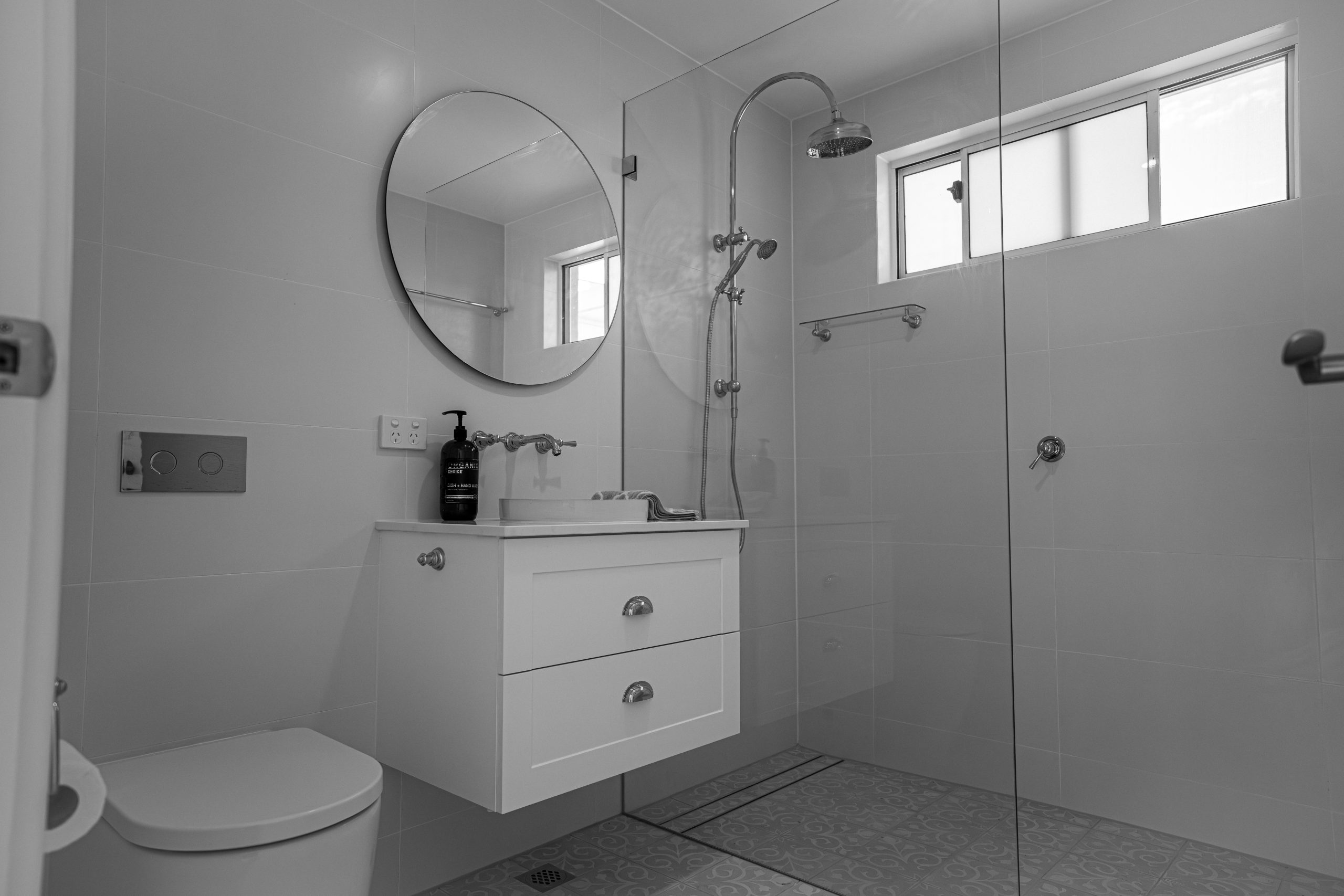 Bathroom shower and vanity at the Davistown renovation by Halo Building Projects