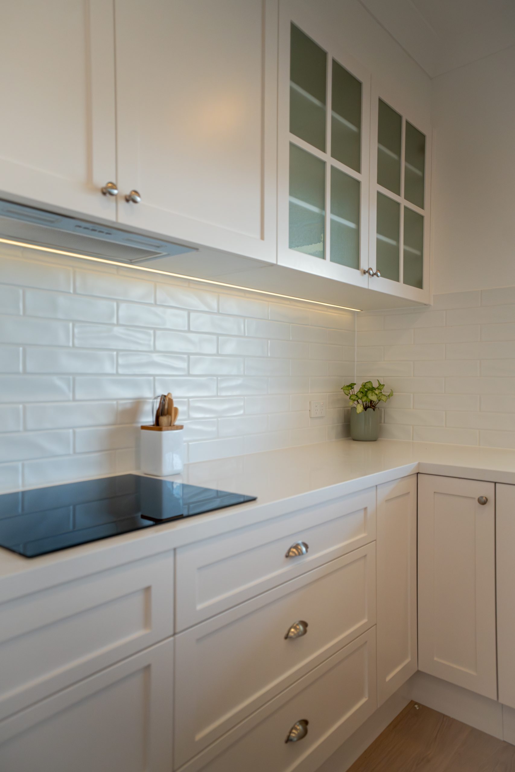 Kitchen joinery and tiled splashback at the Davistown renovation by Halo Building Projects